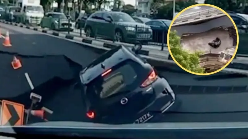 Momento exacto en que un socavón se traga un automóvil con una conductora adentro, en Singapur