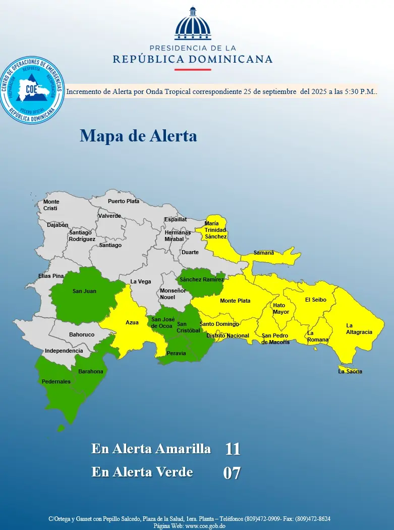 COE coloca 18 provincias en alerta por efectos de onda tropical