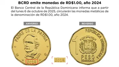Banco Central pone en circulación nuevas monedas de RD$1.00 correspondientes al año 2024