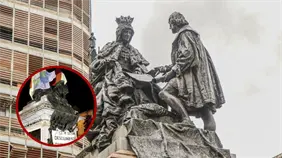 Cubren estatua de reina Isabel y Colón en España como protesta contra Día de la Hispanidad