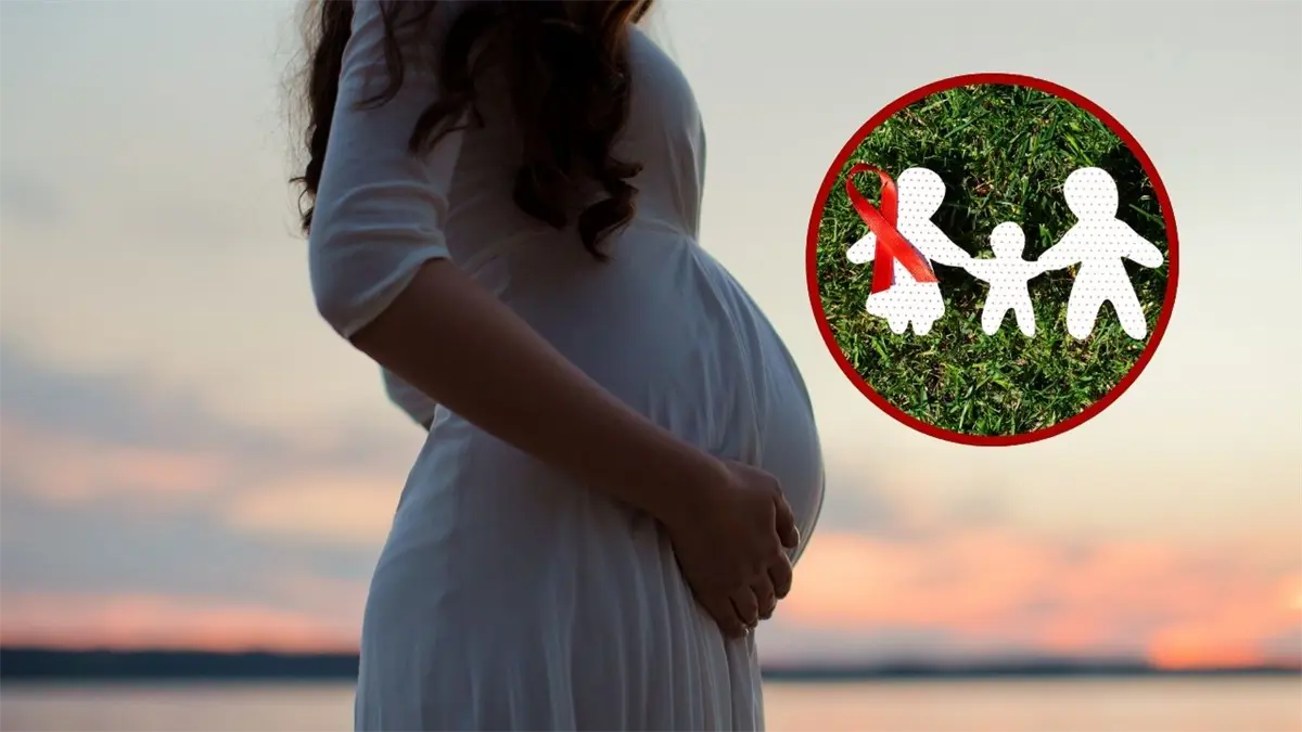 Mujer embarazada; cinta roja que representa el VIH.