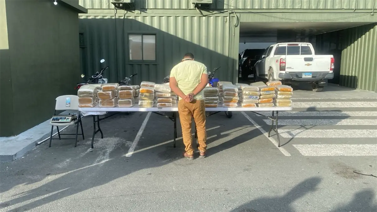 Agentes de la DNCD y el Ministerio Público muestran parte de las 572 libras de marihuana incautadas en un camión durante un operativo en Baní, mientras el conductor fue arrestado y será sometido a la justicia.
