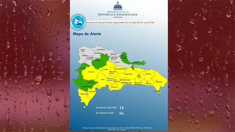 COE eleva alerta amarilla para 17 provincias y el Distrito Nacional por tormenta tropical Melissa