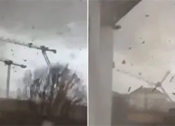 Tornado doblega tres grúas en Francia y caen en cadena