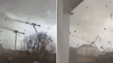Tornado doblega tres grúas en Francia y caen en cadena