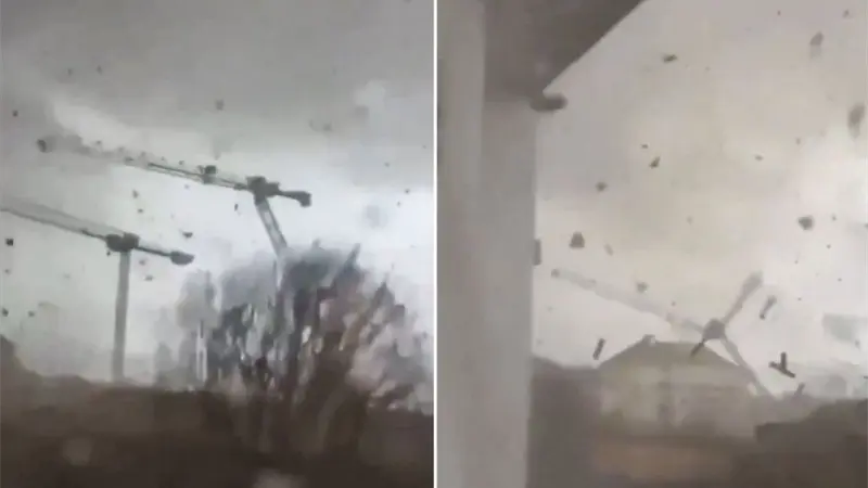 Tornado doblega tres grúas en Francia y caen en cadena