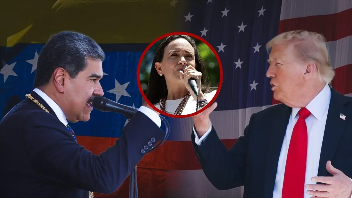 La líder de la oposición venezolana María Corina Machado; el presidente de Venezuela, Nicolás Maduro; y el presidente de Estados Unidos, Donald Trump.
