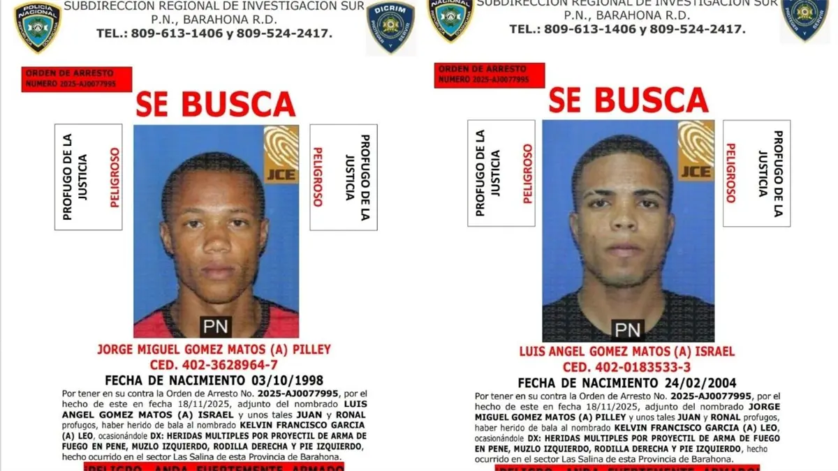 Afiche oficial de la PN que muestra a los dos prófugos acusados de herir de bala a un hombre en Barahona.