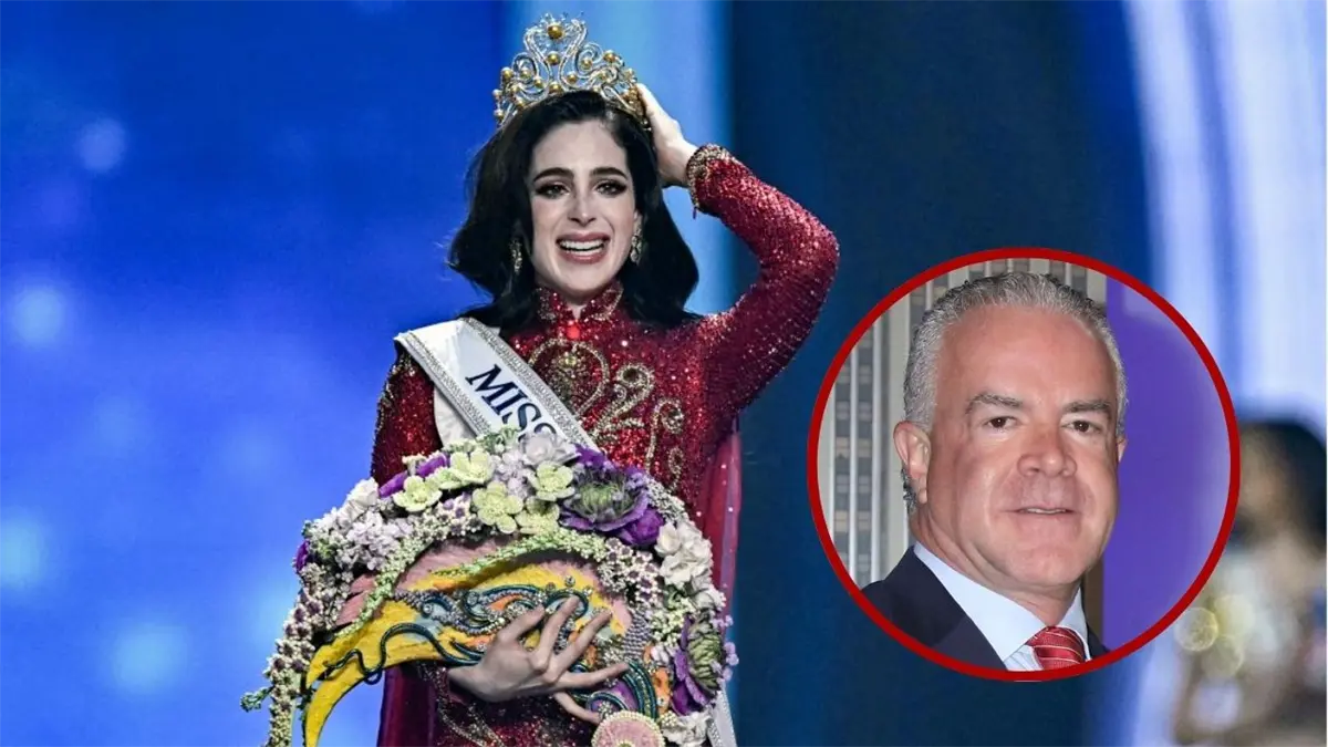La mexicana Fátima Bosch y el presidente y copropietario de Miss Universo, Raúl Rocha.