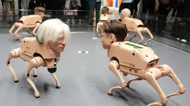 Perros robóticos con rostros de Musk, Bezos y Picasso acaparan la atención en Art Basel