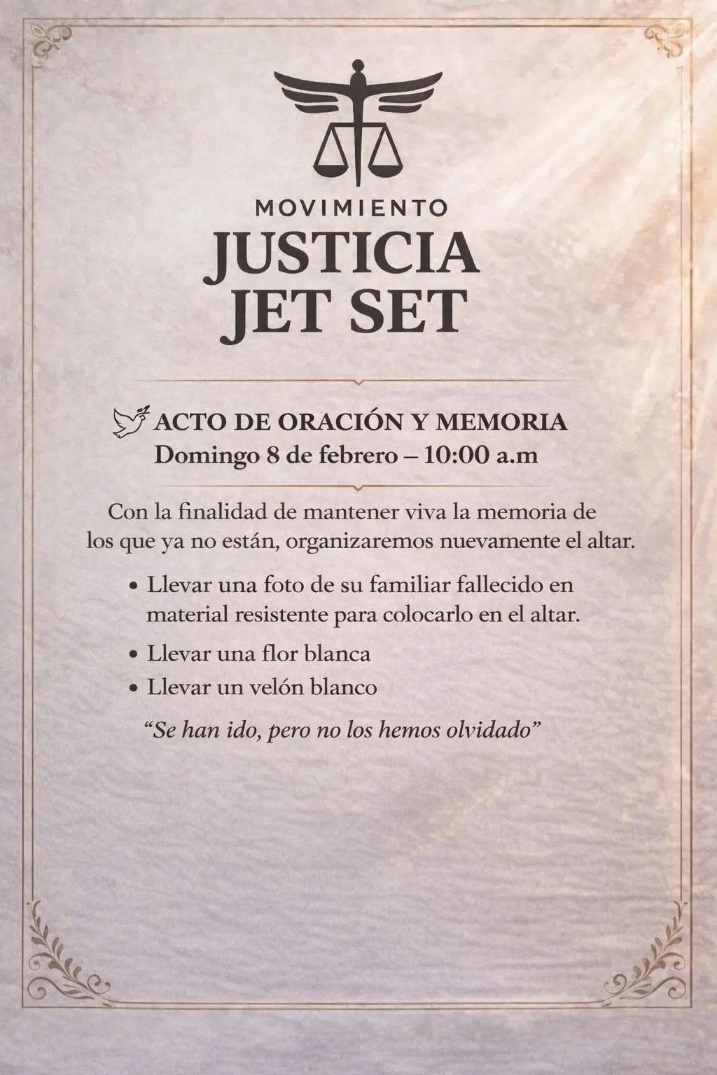 Movimiento Justicia Jet Set convoca a acto de oración y memoria | Noticias  Sin