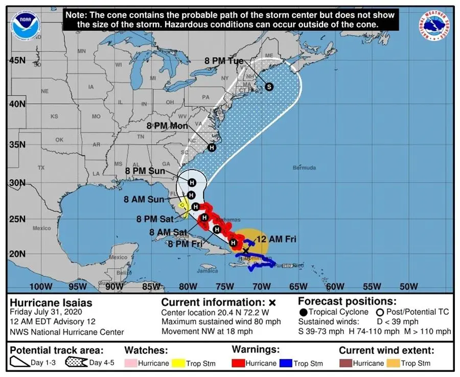Tormenta Isaías se convierte en huracán categoría 1 al sur de las Bahamas