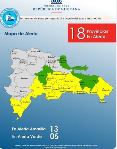 COE aumenta a 18 las provincias en alerta; 13 en amarilla y cinco en verde