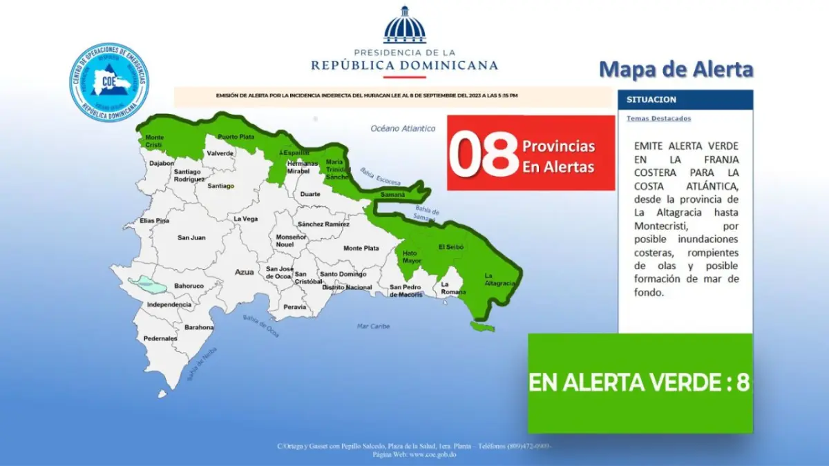 COE coloca 8 provincias en alerta verte por efectos indirectos del huracán Lee