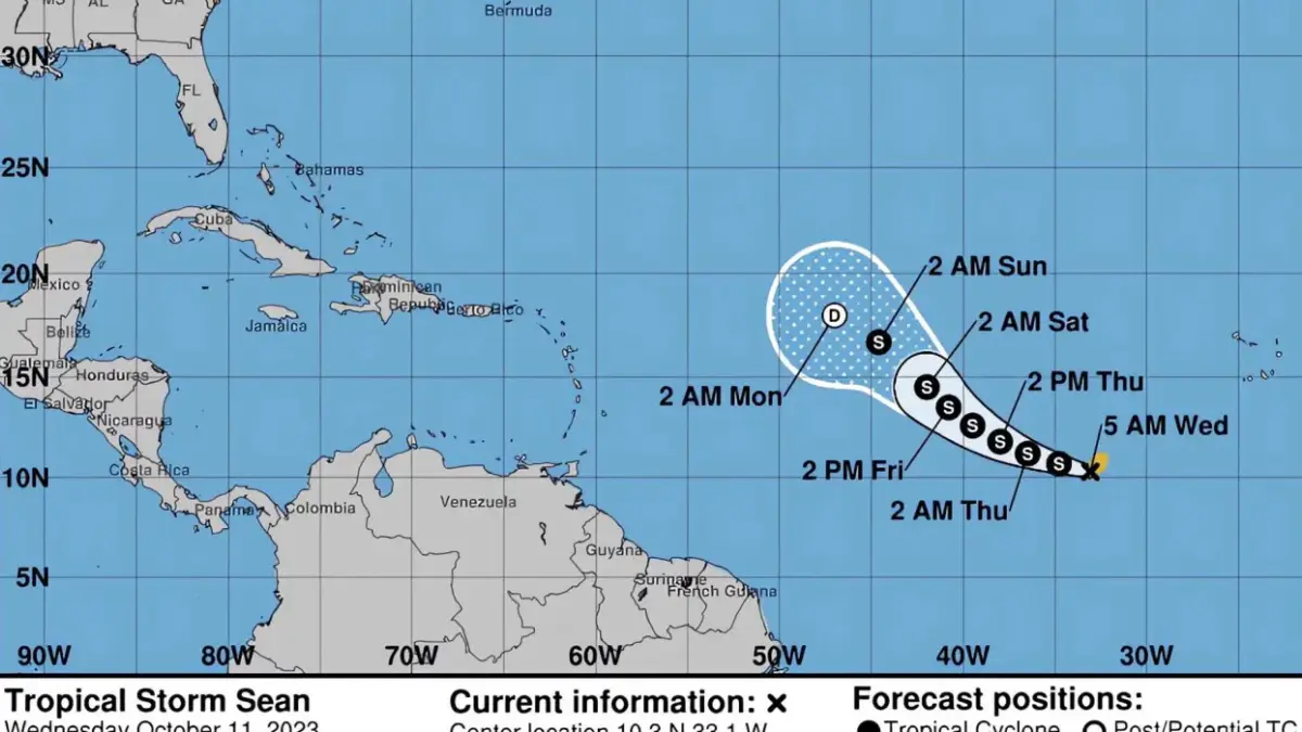 La tormenta tropical Sean se mantiene en aguas abiertas del Atlántico
