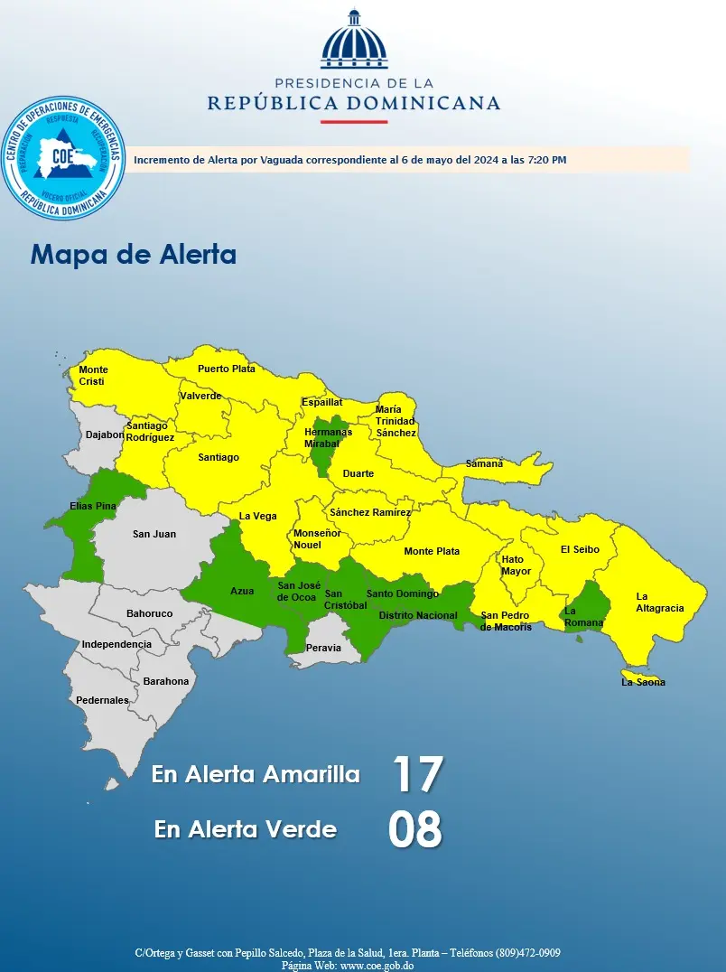 COE coloca 17 provincias en alerta amarilla y 8 en verde por vaguada