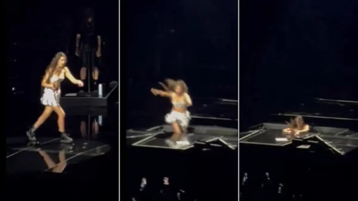 Olivia Rodrigo sufre aparatosa caída durante concierto, pero logra salvarse en tablitas