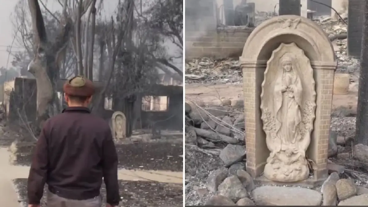 Estatua de la Virgen intacta tras casa reducirse a cenizas por incendio en Los Ángeles