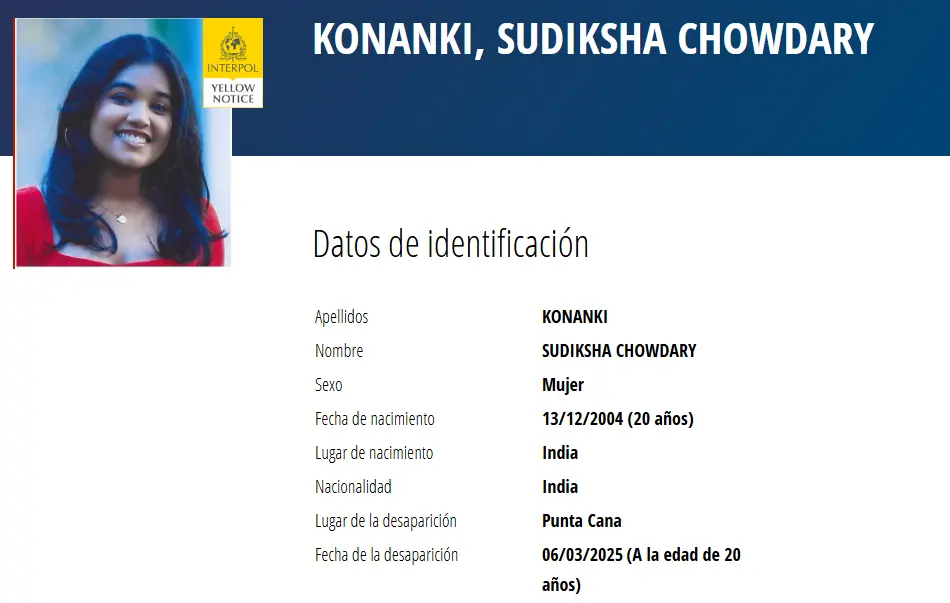 Interpol emite alerta amarilla por desaparición de Sudiksha Konanki