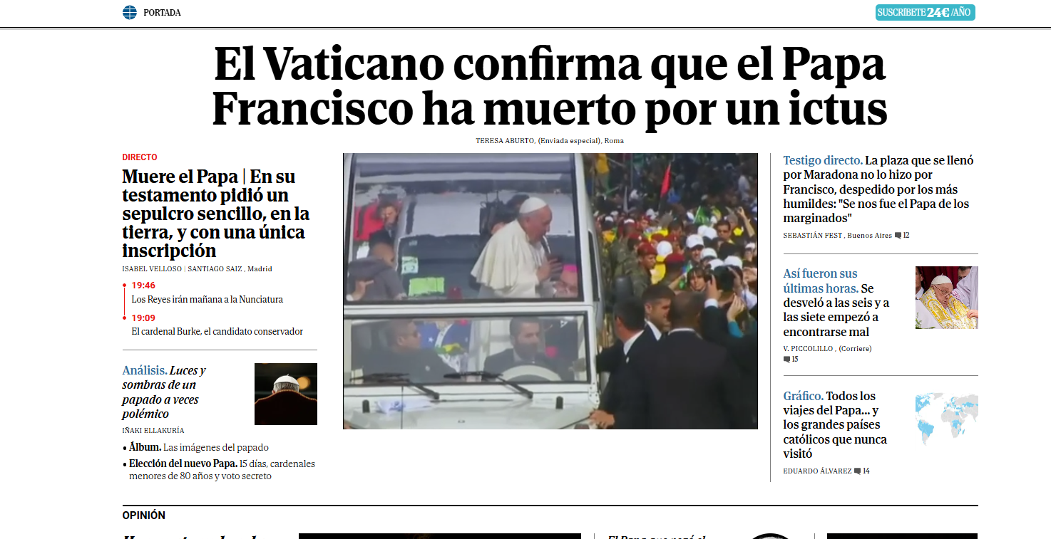 Noticia sobre la muerte del Papa Francisco.