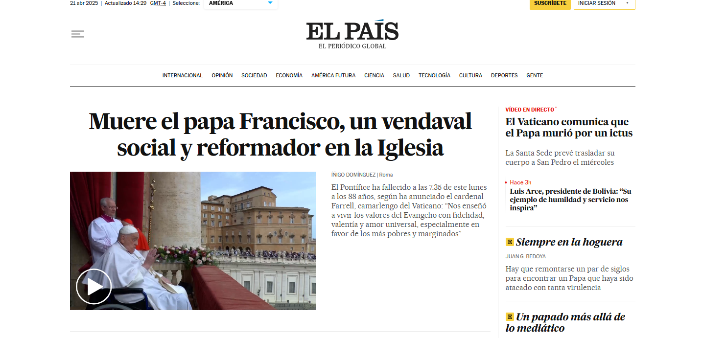 Noticia sobre el fallecimiento del Papa Francisco.