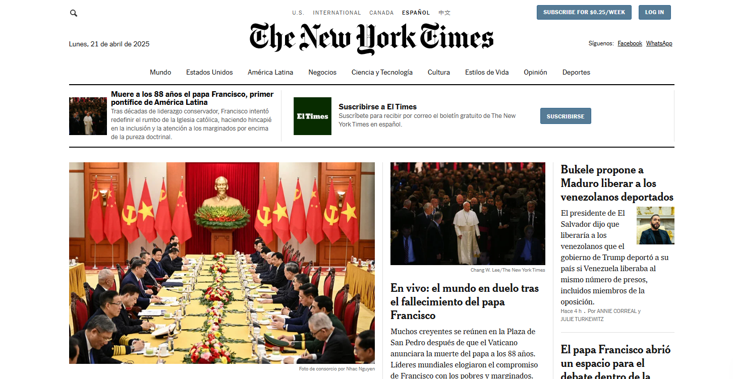 Portada del periódico The New York Times en español.