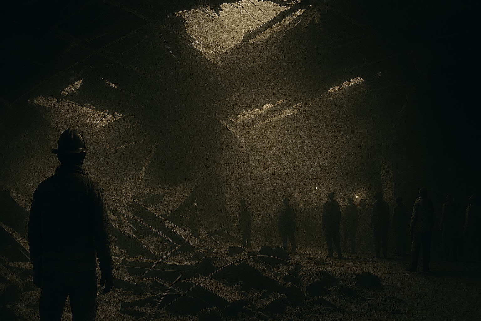 Personas en sótano oscuro, luz tenue.