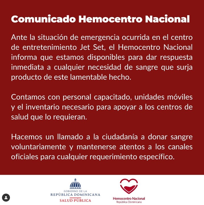 Comunicado de emergencia del Hemocentro Nacional.