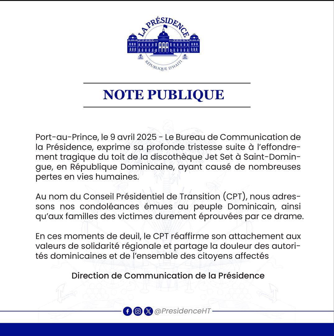 Comunicado oficial sobre tragedia en discoteca en República Dominicana.