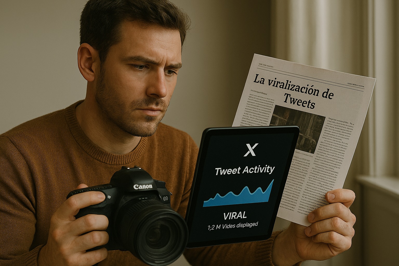 Hombre leyendo sobre viralización de tweets con cámara