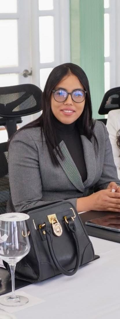 Mujer profesional en reunión, con gafas y bolsa.