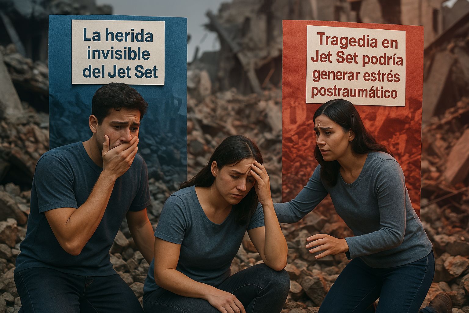 Personas preocupadas en escombros, carteles de advertencia visibles.