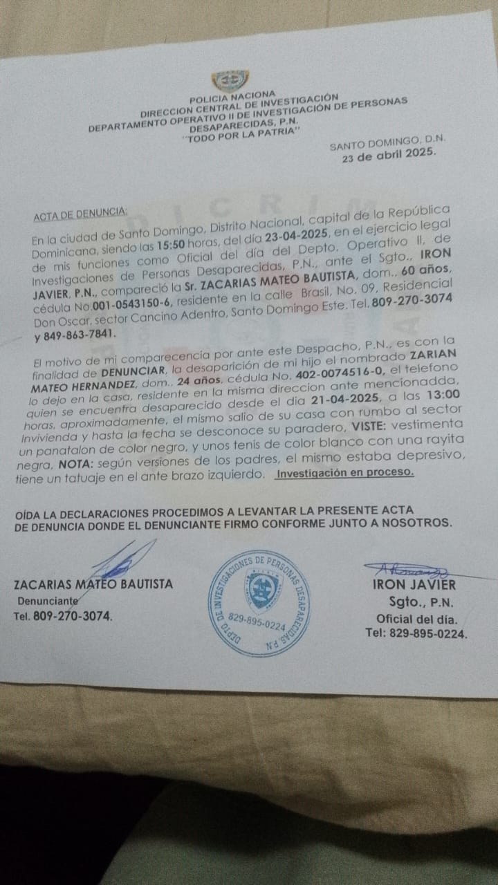 Acta de denuncia por desaparición en Santo Domingo.