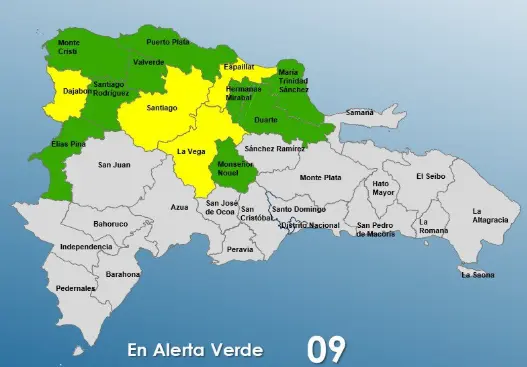 COE coloca cuatro provincias en alerta amarilla y nueve en verde por vaguada