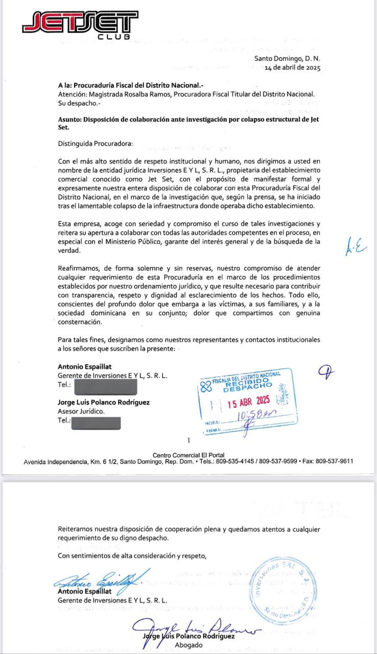 Carta de colaboración por colapso en Jet Set Club.