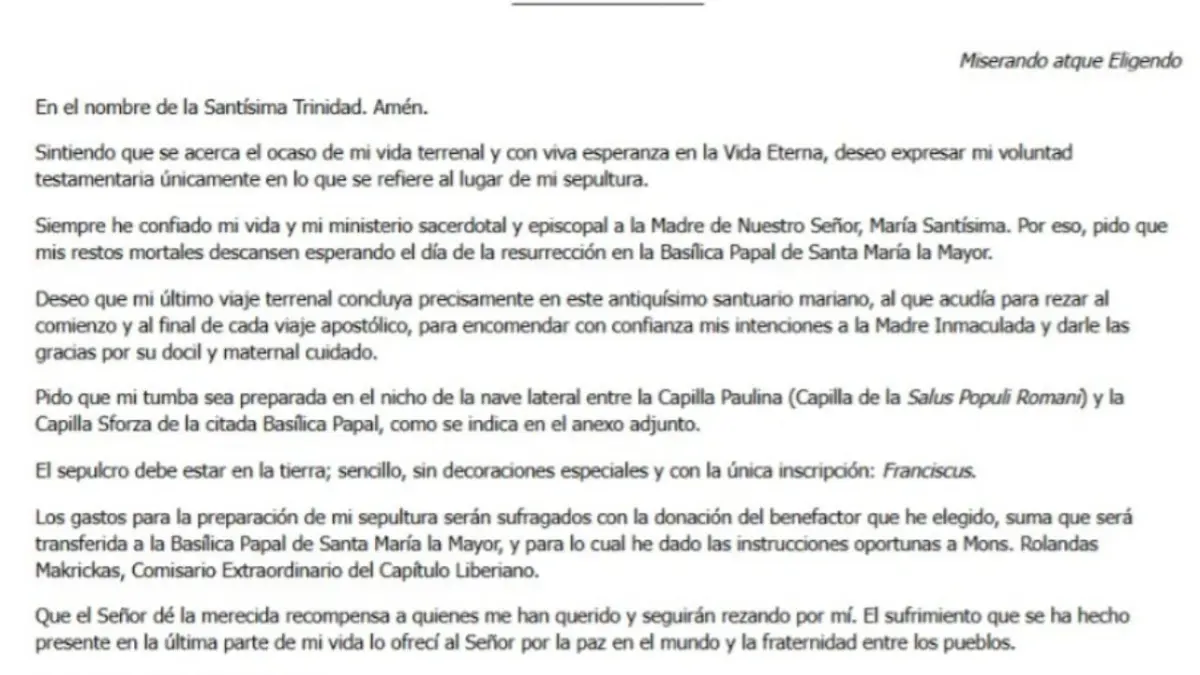 Lea el testamento íntegro que dejó el papa Francisco