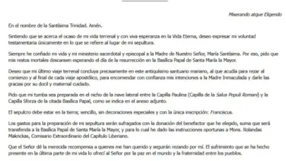 Lea el testamento íntegro que dejó el papa Francisco