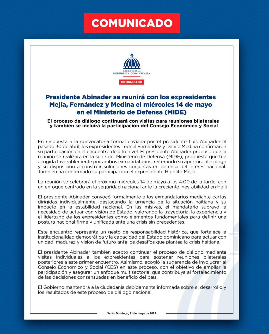 Comunicado sobre reunión de Abinader y expresidentes.