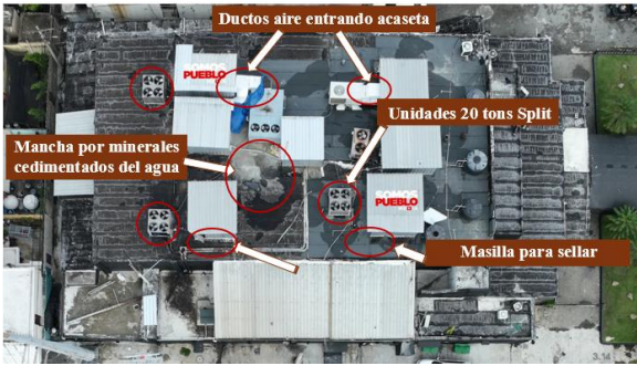 Techo con unidades de aire acondicionado y ductos.