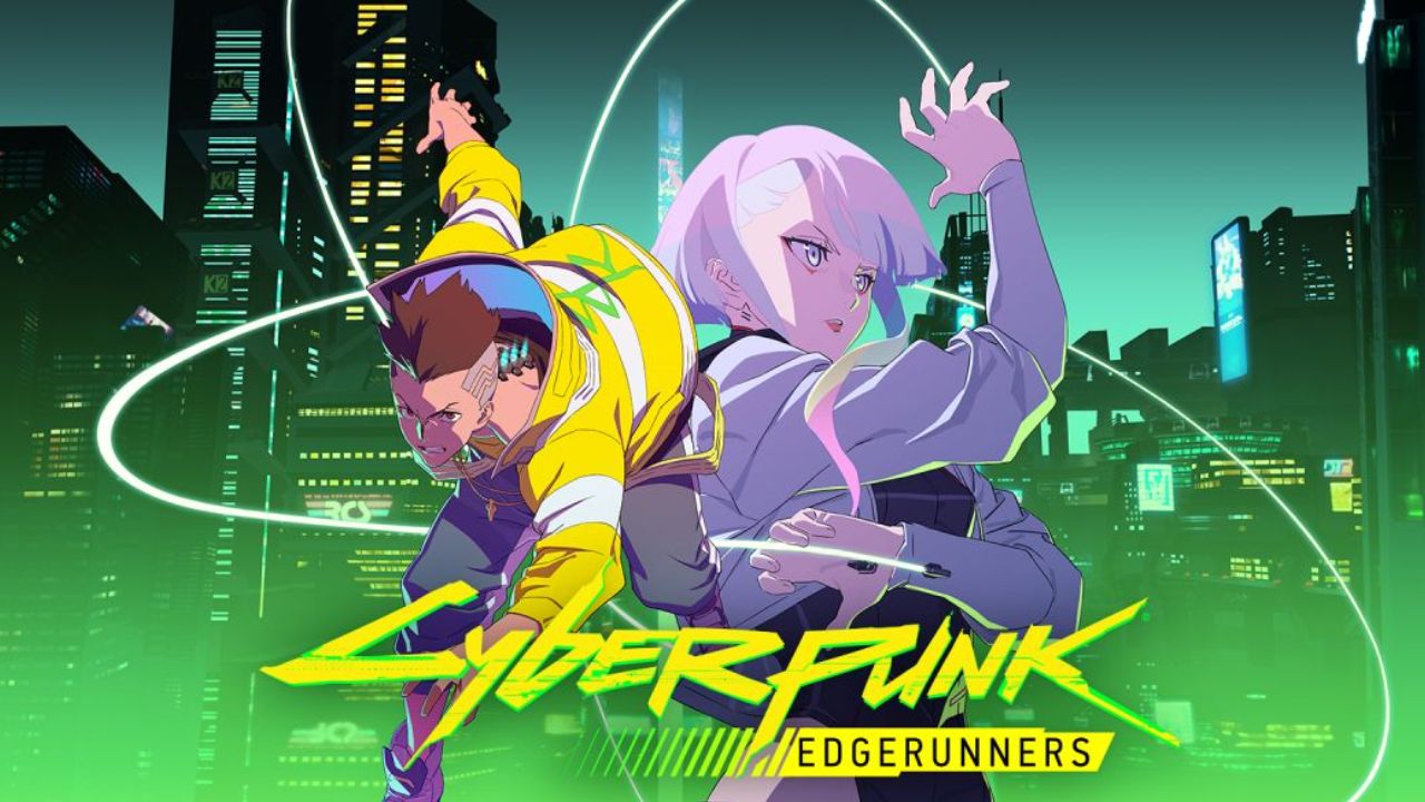 Personajes de anime Cyberpunk: Edgerunners en ciudad futurista.