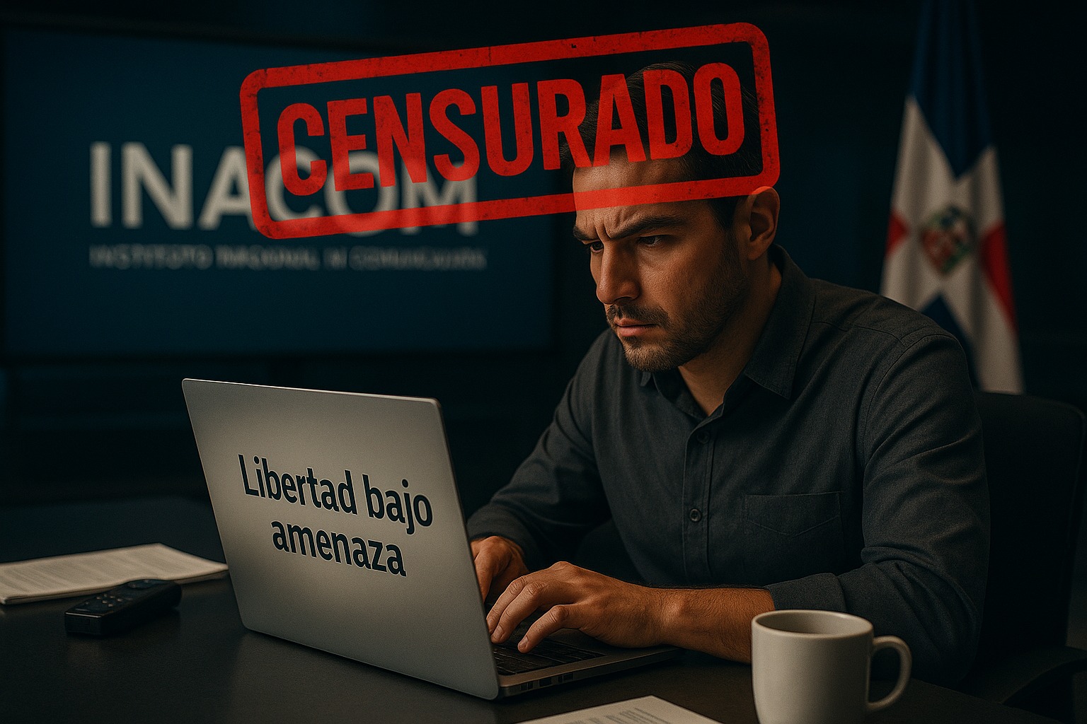 Hombre frente a ordenador con mensaje censurado.