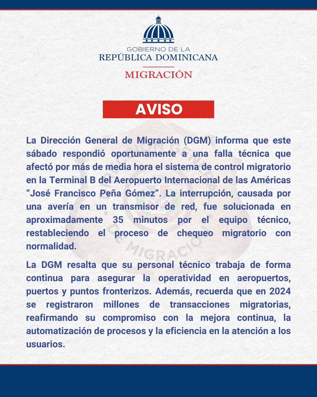 Aviso técnico de migración en República Dominicana
