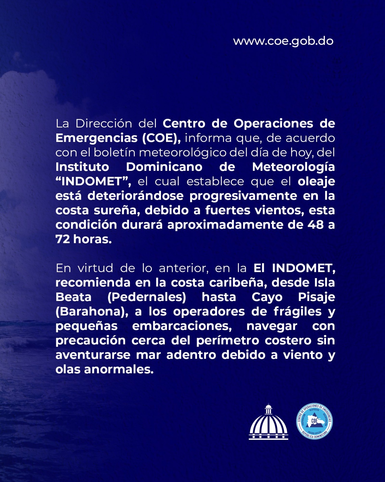 Aviso meteorológico sobre oleaje y vientos en costa sur.