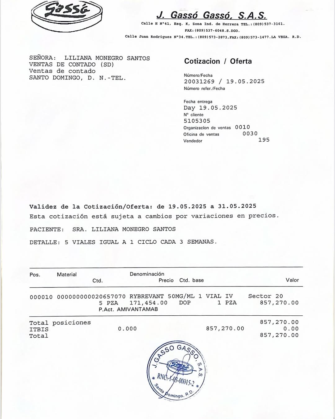 Cotización para medicamentos con precios y detalles.