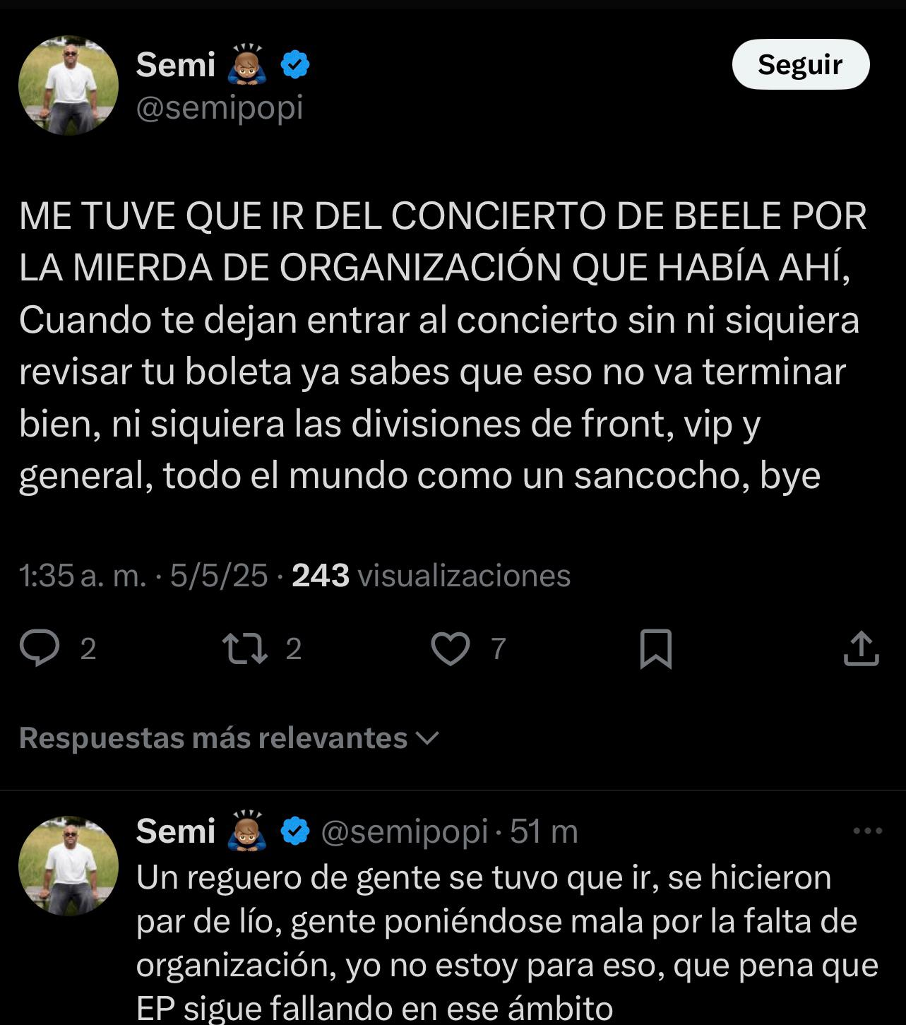 Crítica a organización de concierto Beele en Twitter.