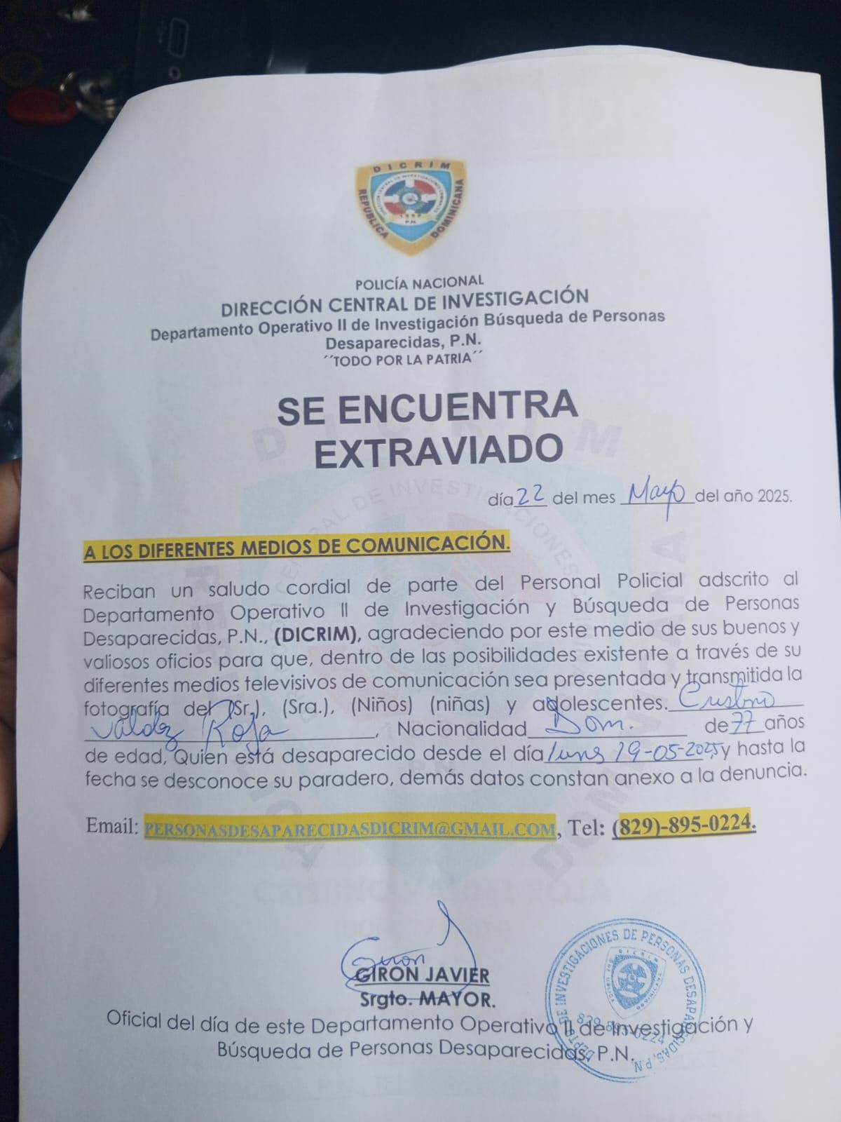 Documento de persona extraviada, contacto: (829) 895-0224.