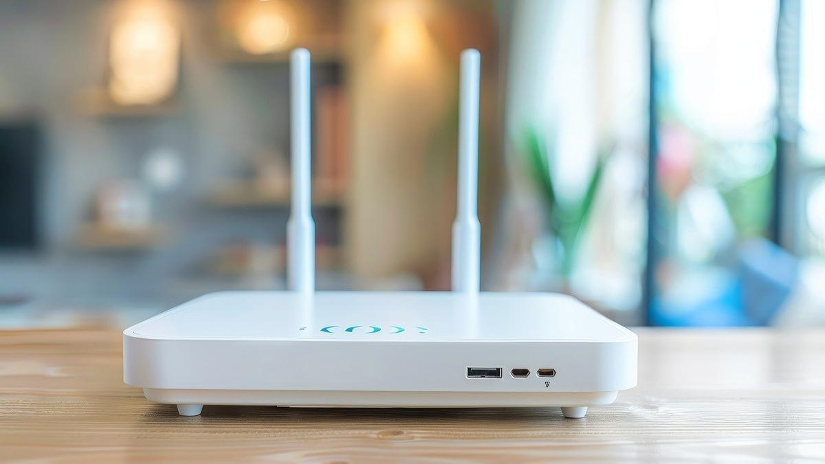Router inalámbrico blanco sobre mesa de madera