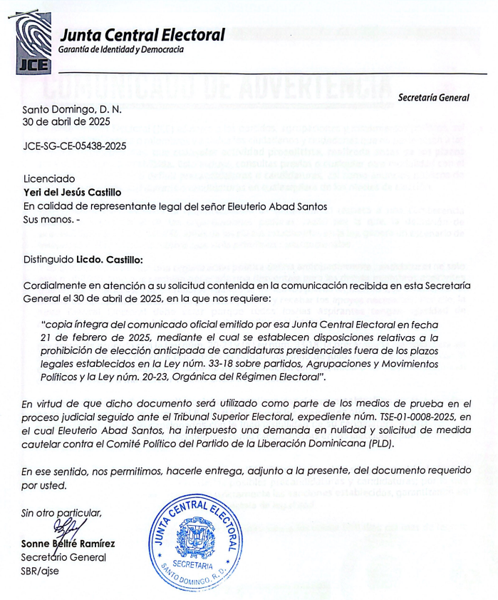 Carta oficial de la Junta Central Electoral, 2025