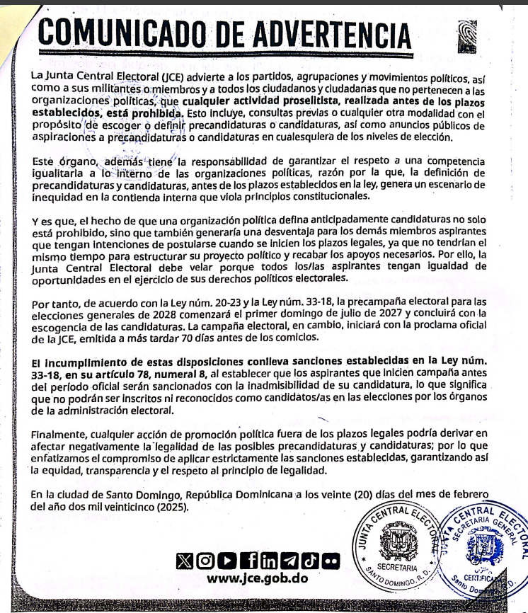 Comunicado JCE sobre precandidaturas y sanciones electorales.