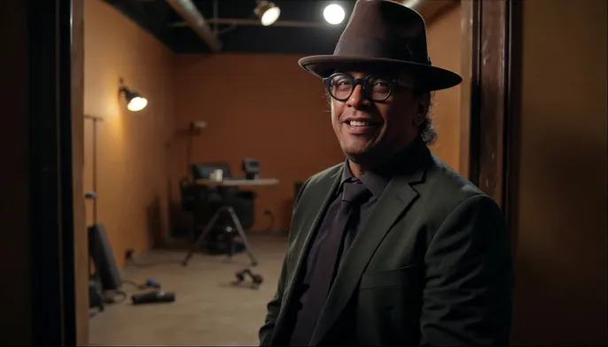 Hombre con sombrero en estudio fotográfico vacío.